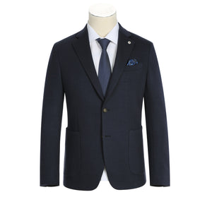 Navy blue suit jacket with a white shirt, navy tie, and pocket square on a mannequin against a white background.