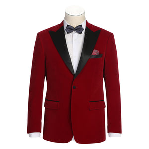 Red tuxedo jacket with black lapels on a mannequin against a white background