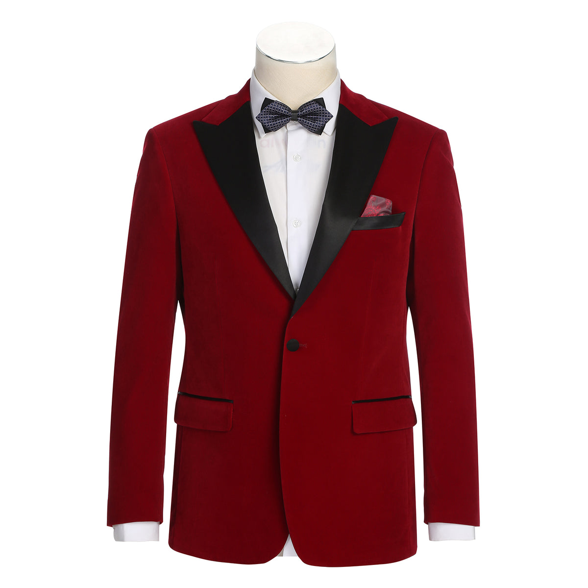 Red tuxedo jacket with black lapels on a mannequin against a white background