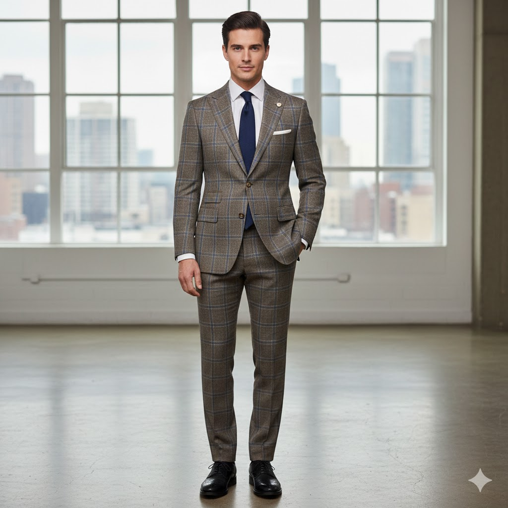 Tan/Blue Plaid Windowpane Suit