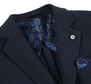 Navy blue suit jacket with patterned lining and pocket square on a white background