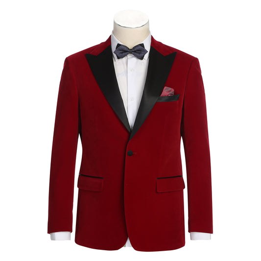 Red tuxedo jacket with black lapels on a mannequin against a white background