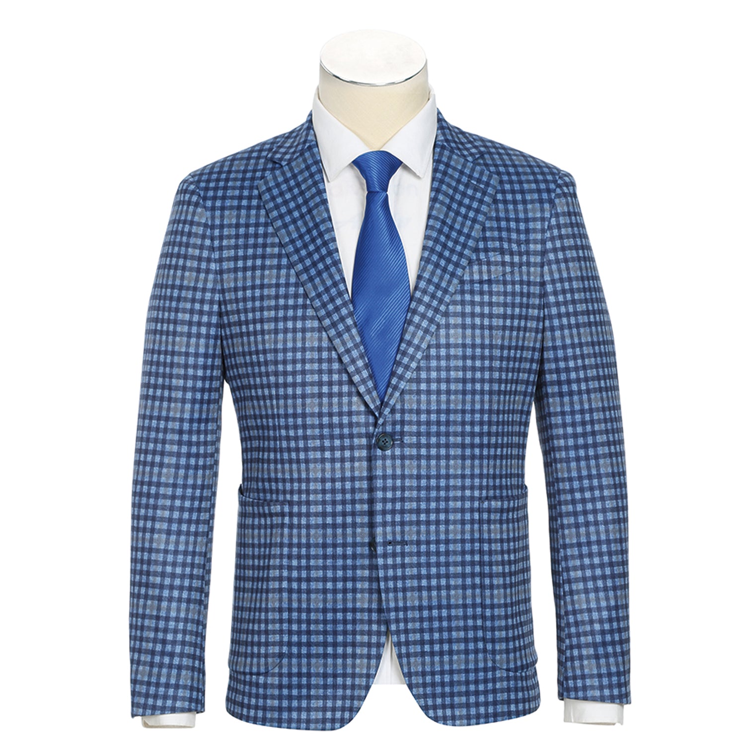 Blue checkered suit jacket with a matching tie on a mannequin against a white background